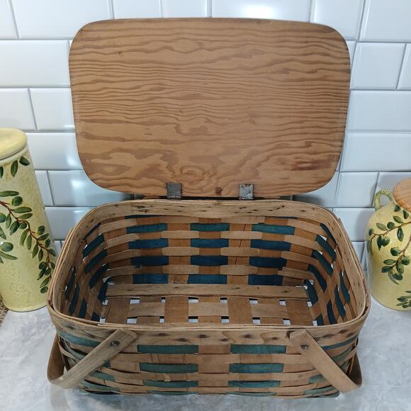 Rustic Picnic 2 Handle Gathering Basket 18x12" Woven Slat Wood Country Farmhouse - Picture 2 of 9